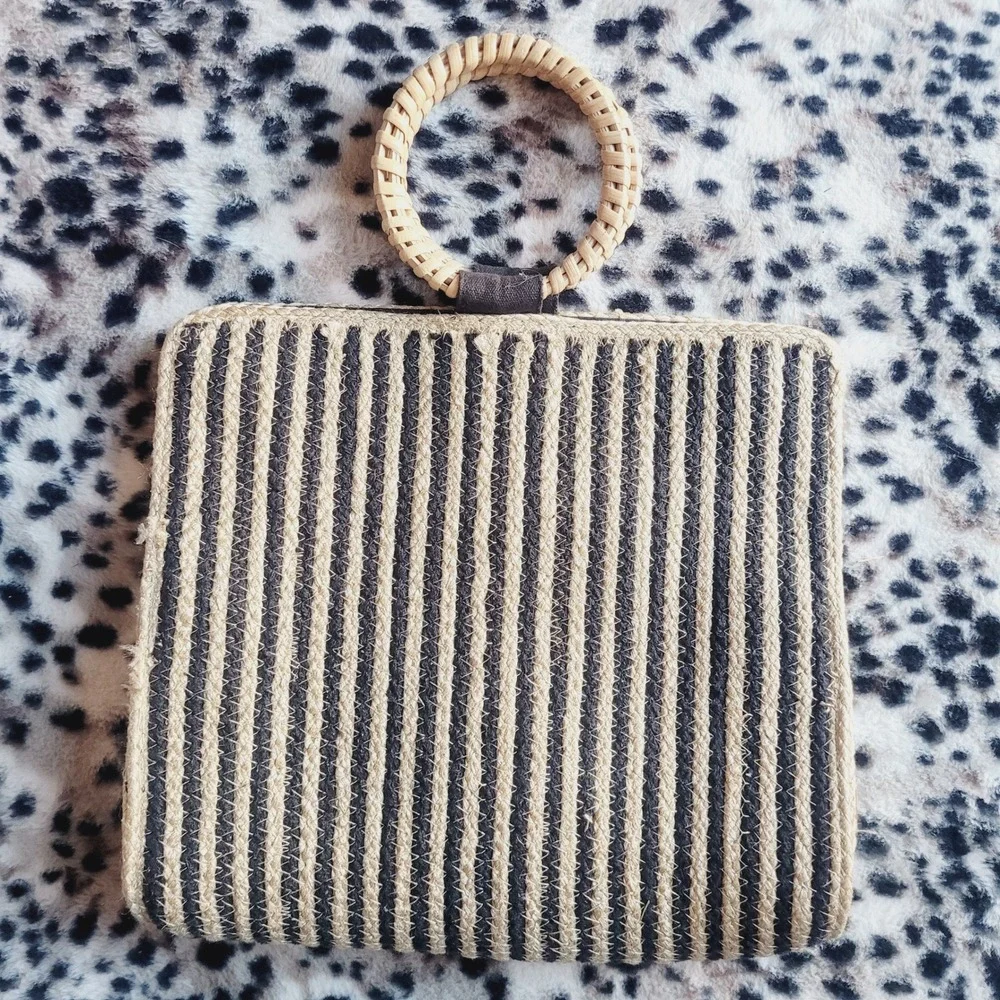 America & Beyond Jute Cotton Striped Tote Bag Rattan Circle Handle Boho Handbag